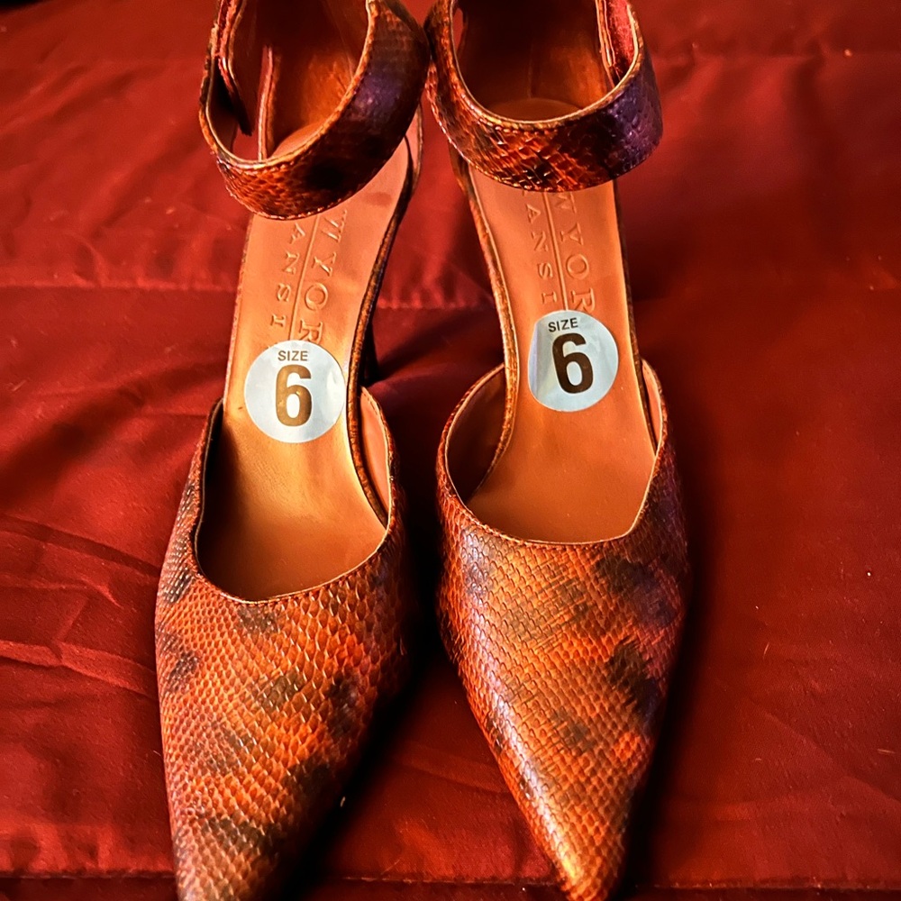 Cognac Snakeskin Pointed Toe Heels with Ankle Strap